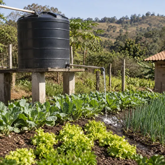 Caixa d'água ao lado de uma horta