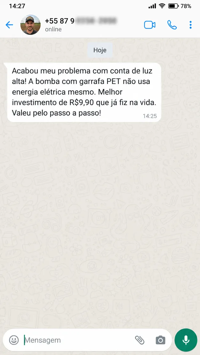 Mensagem enviada sobre a apostila Água Sem Energia