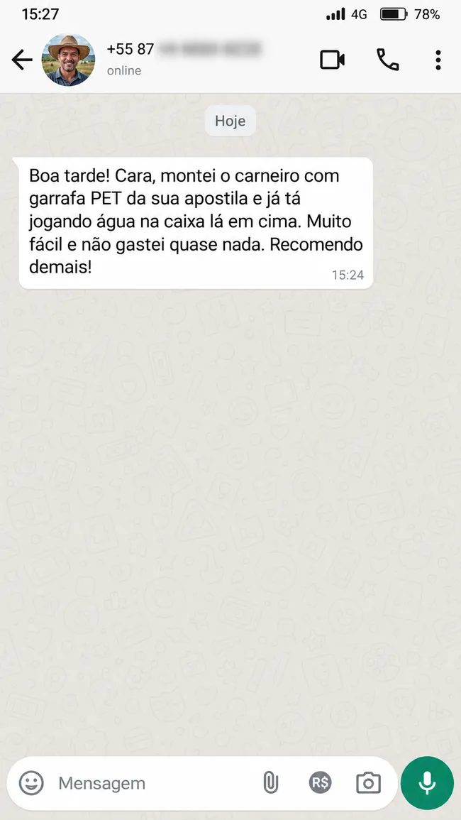 Mensagem enviada sobre o sistema com garrafa PET