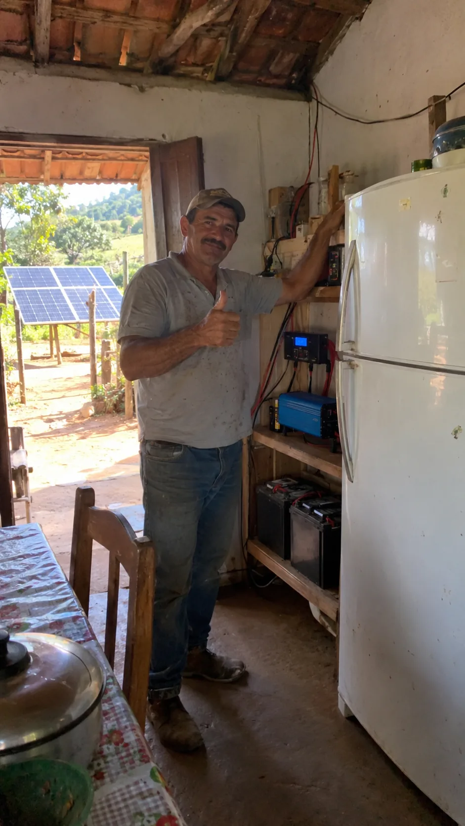 João ao lado de geladeira e componentes de um sistema solar no sítio