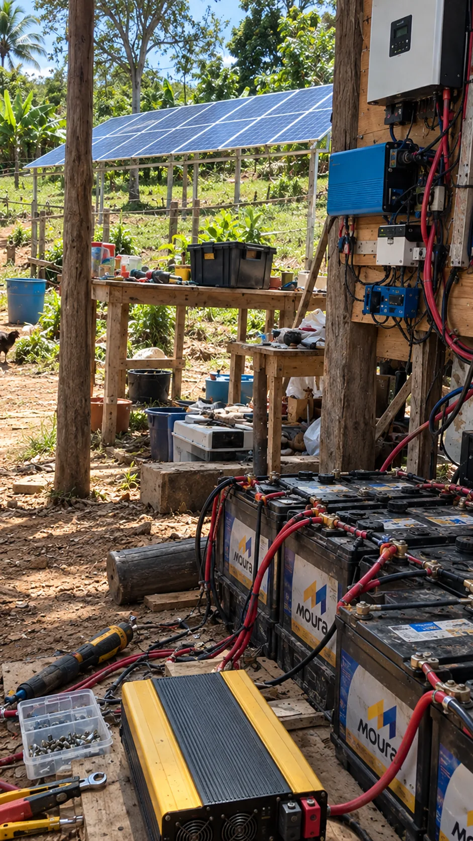 Sistema solar com painéis, baterias e inversor em propriedade rural
