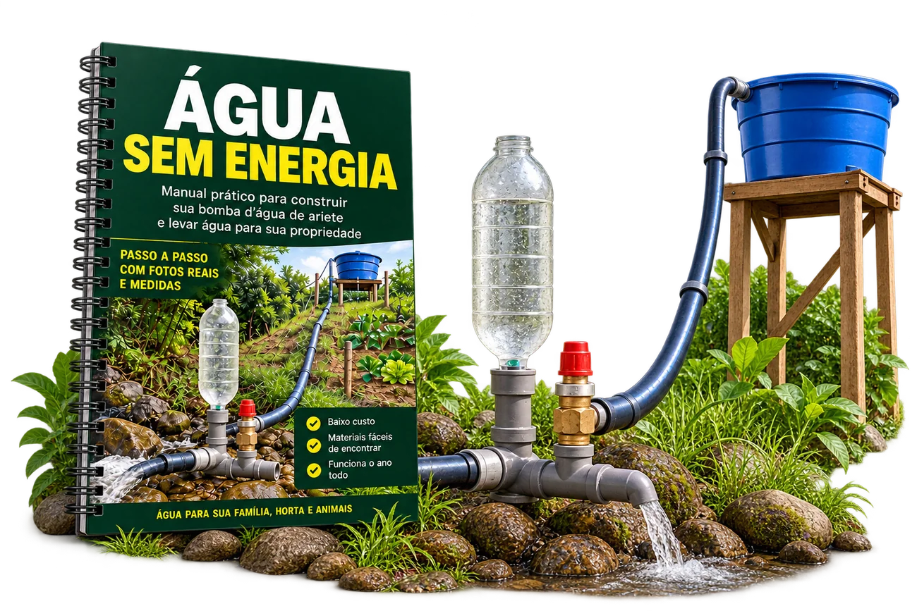 Mockup da apostila Água Sem Energia ao lado do sistema com garrafa PET, canos e caixa d’água